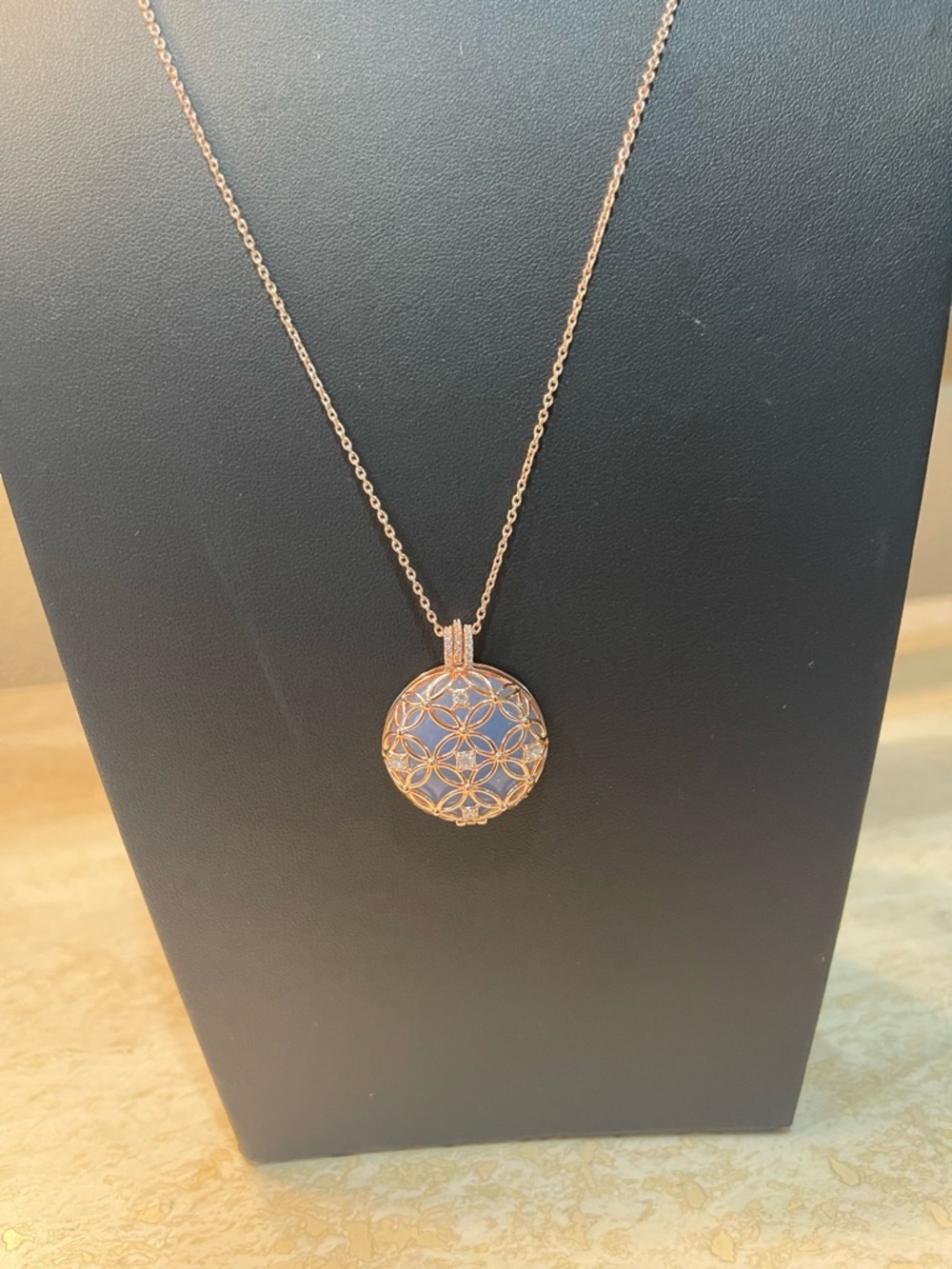 Rose Gold Filigree Locket Necklace with Lavender Inlay